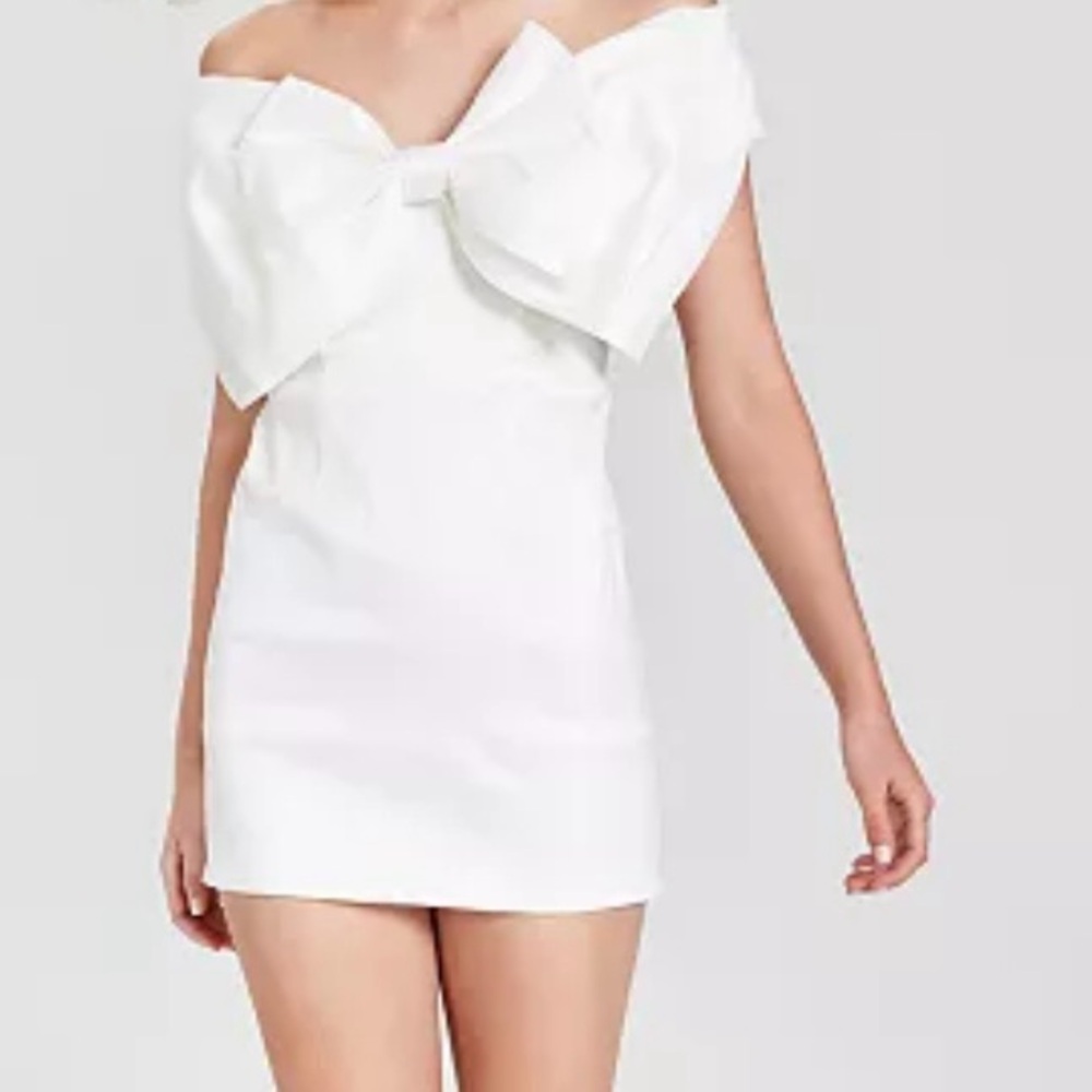 Bardot White Bow-front off-the-shoulder mini dress
